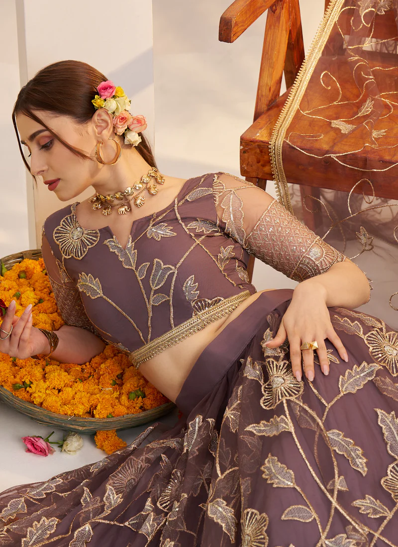 Marvellous Thread Work Reception Wear Dusty Purple Net Lehenga Choli - Image 7
