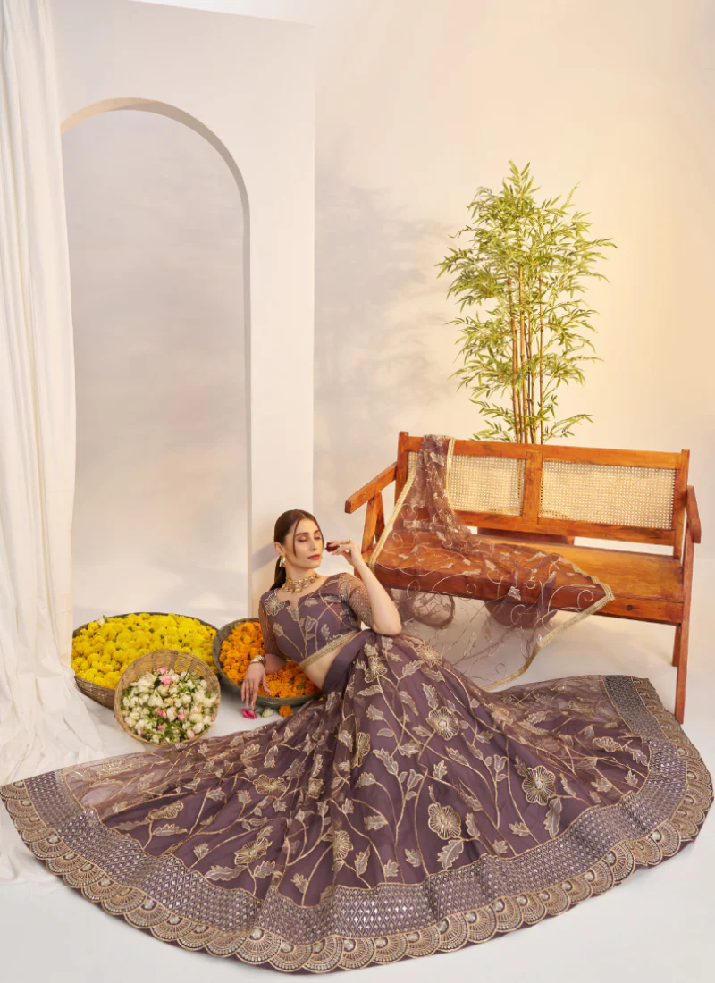 Marvellous Thread Work Reception Wear Dusty Purple Net Lehenga Choli - Image 8