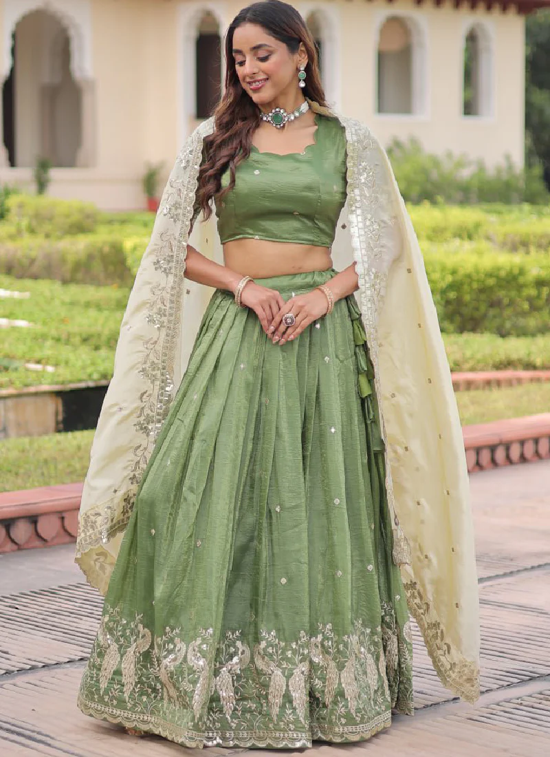 Marvellous Zari Embroidered Gold Crush Green Lehenga Choli For Women