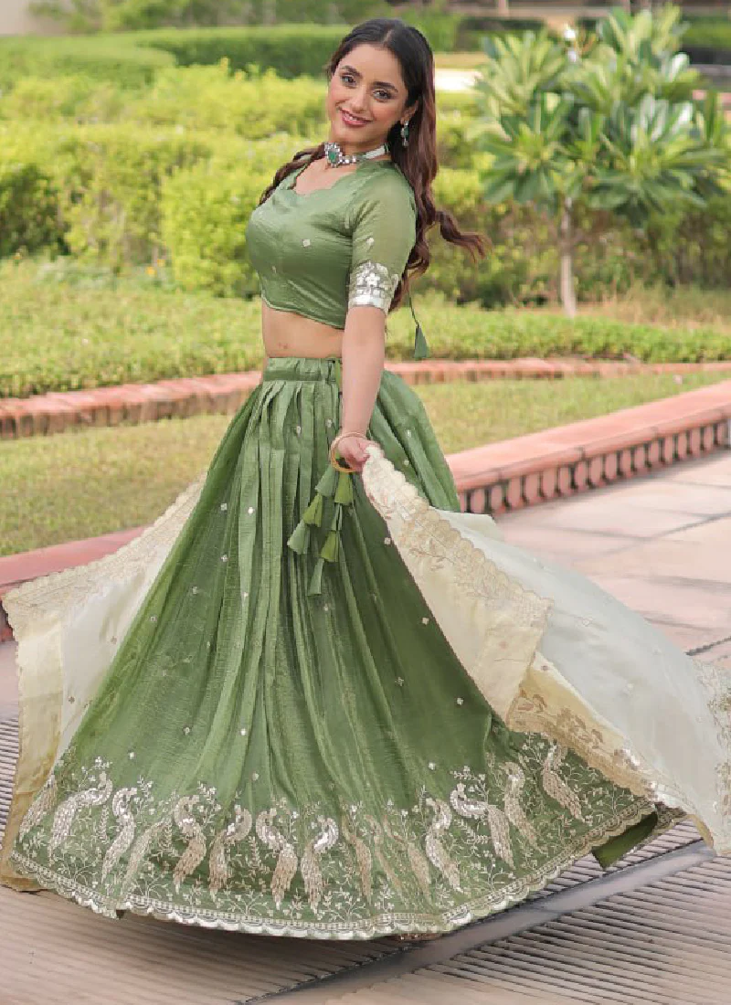 Marvellous Zari Embroidered Gold Crush Green Lehenga Choli For Women - Image 10