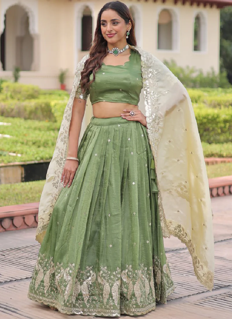 Marvellous Zari Embroidered Gold Crush Green Lehenga Choli For Women - Image 6