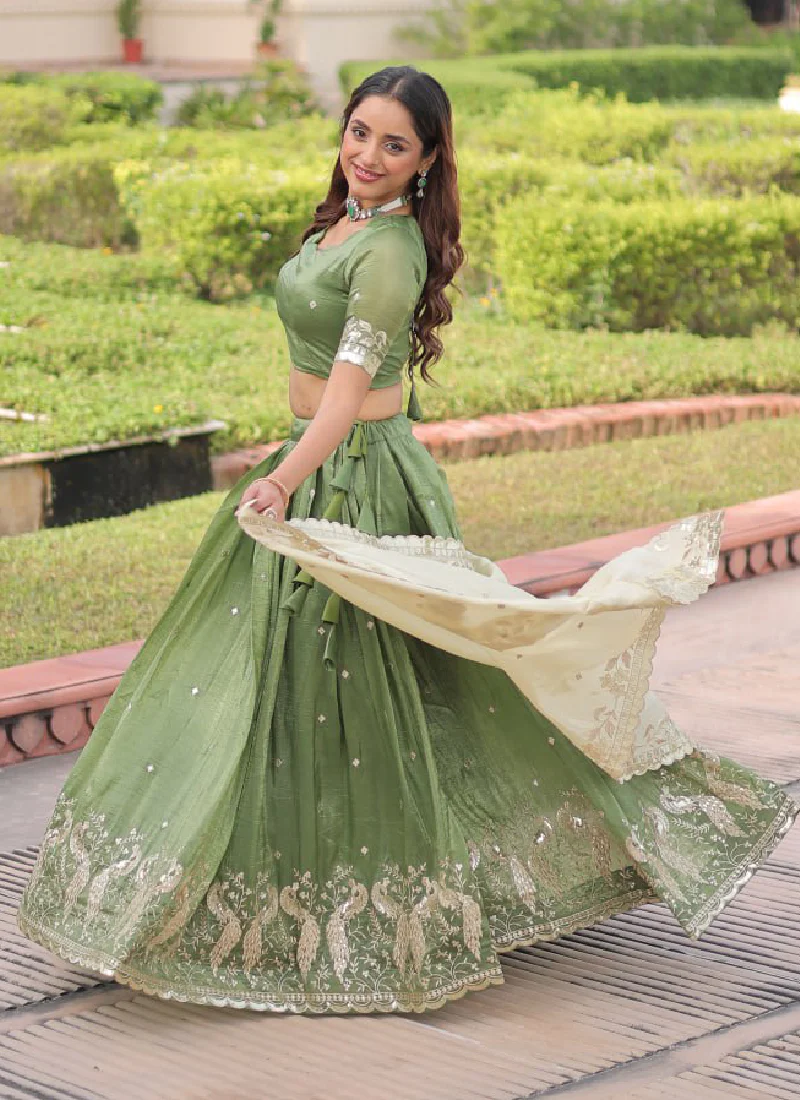 Marvellous Zari Embroidered Gold Crush Green Lehenga Choli For Women - Image 9
