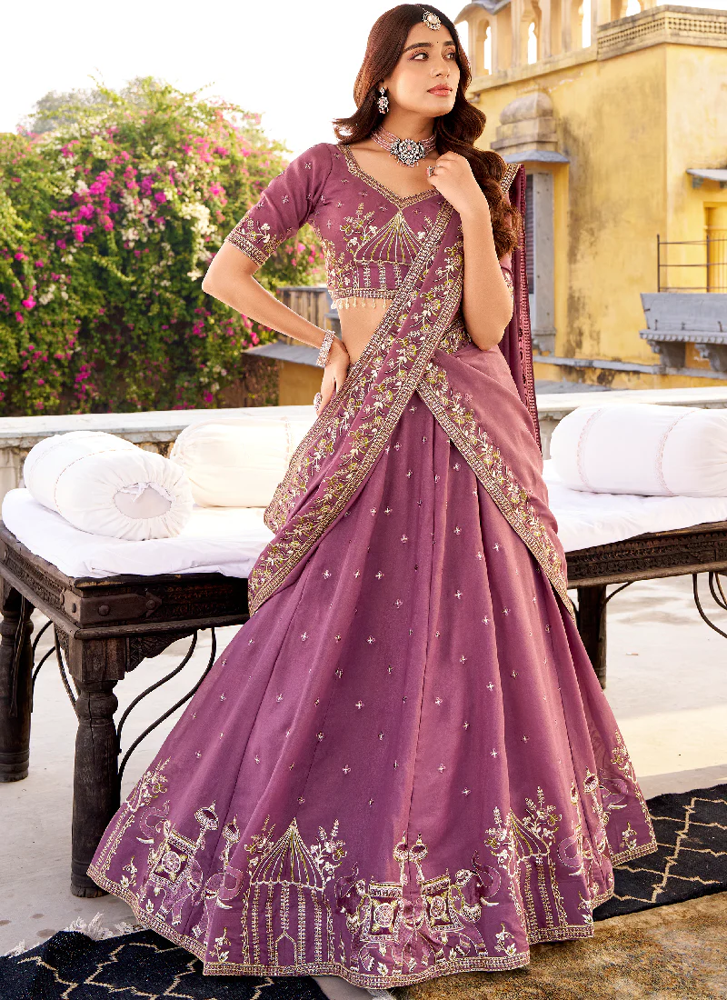 Marvelous Chocolate Crush Lavender Wedding Wear Embroidered Lehenga