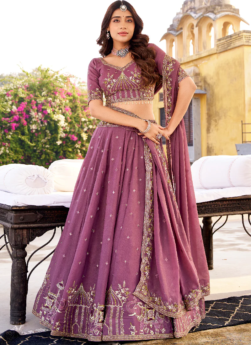 Marvelous Chocolate Crush Lavender Wedding Wear Embroidered Lehenga - Image 3