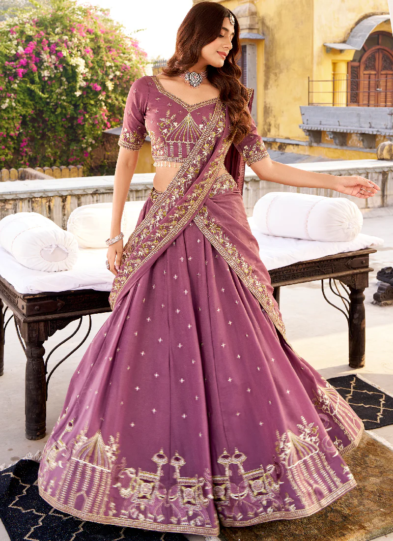 Marvelous Chocolate Crush Lavender Wedding Wear Embroidered Lehenga - Image 4