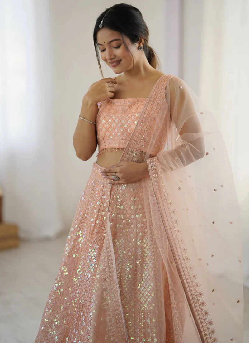 Marvelous Thread Sequence Work Peach Net Lehenga Choli For Wedding - Image 2