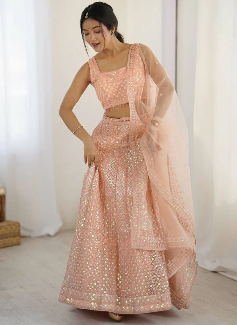 Marvelous Thread Sequence Work Peach Net Lehenga Choli For Wedding - Image 3