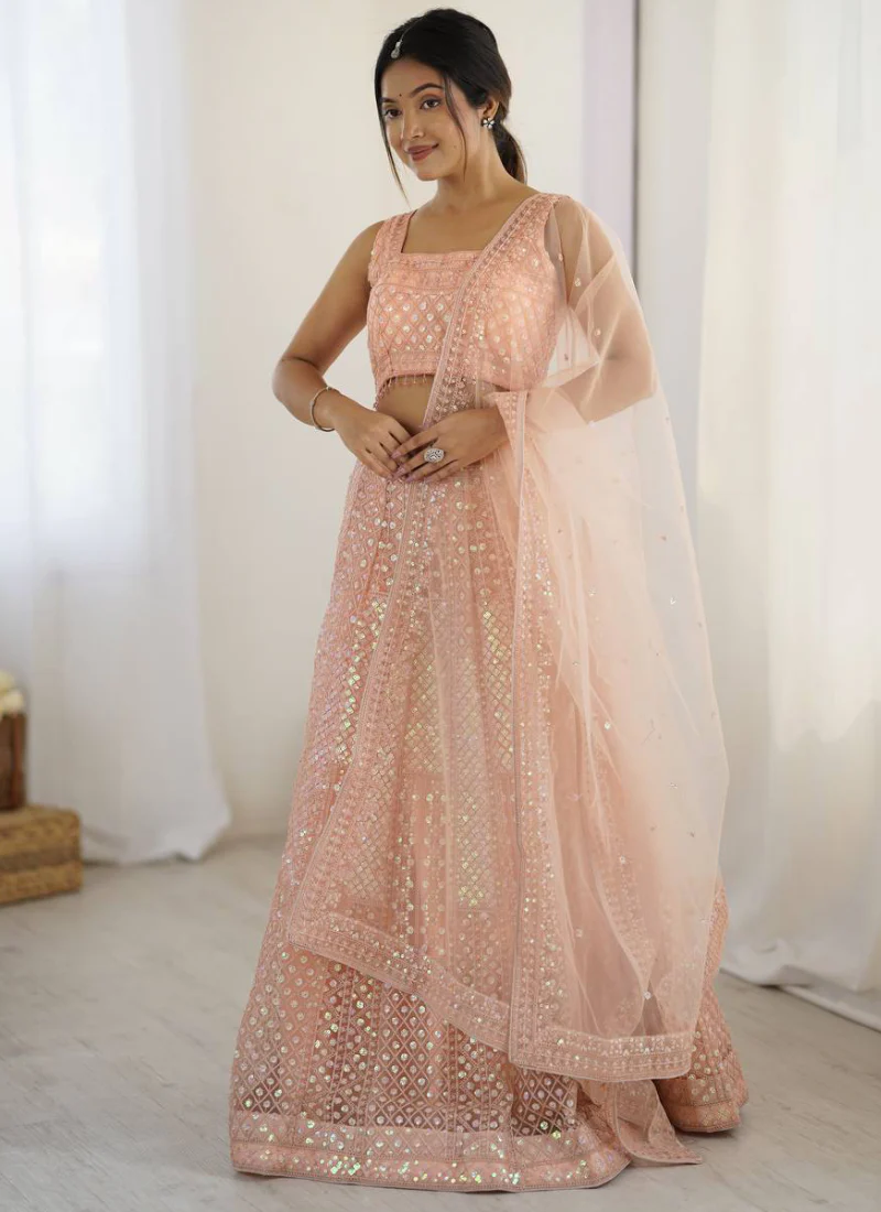 Marvelous Thread Sequence Work Peach Net Lehenga Choli For Wedding - Image 4