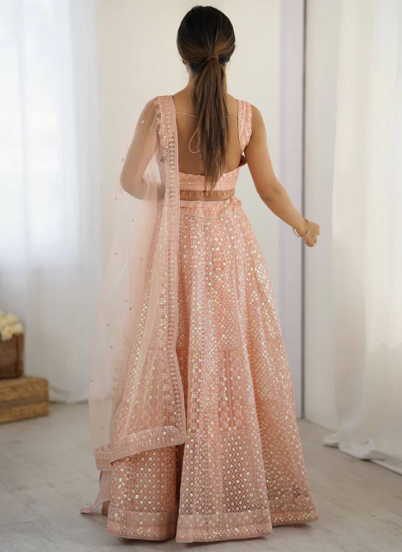 Marvelous Thread Sequence Work Peach Net Lehenga Choli For Wedding - Image 5
