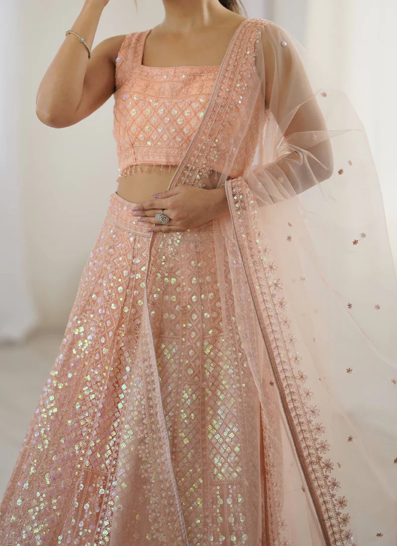 Marvelous Thread Sequence Work Peach Net Lehenga Choli For Wedding - Image 6