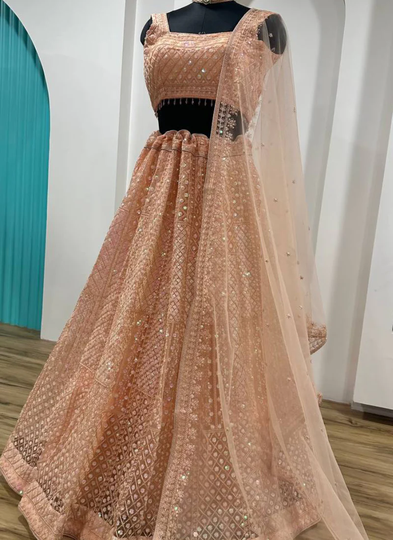 Marvelous Thread Sequence Work Peach Net Lehenga Choli For Wedding - Image 8