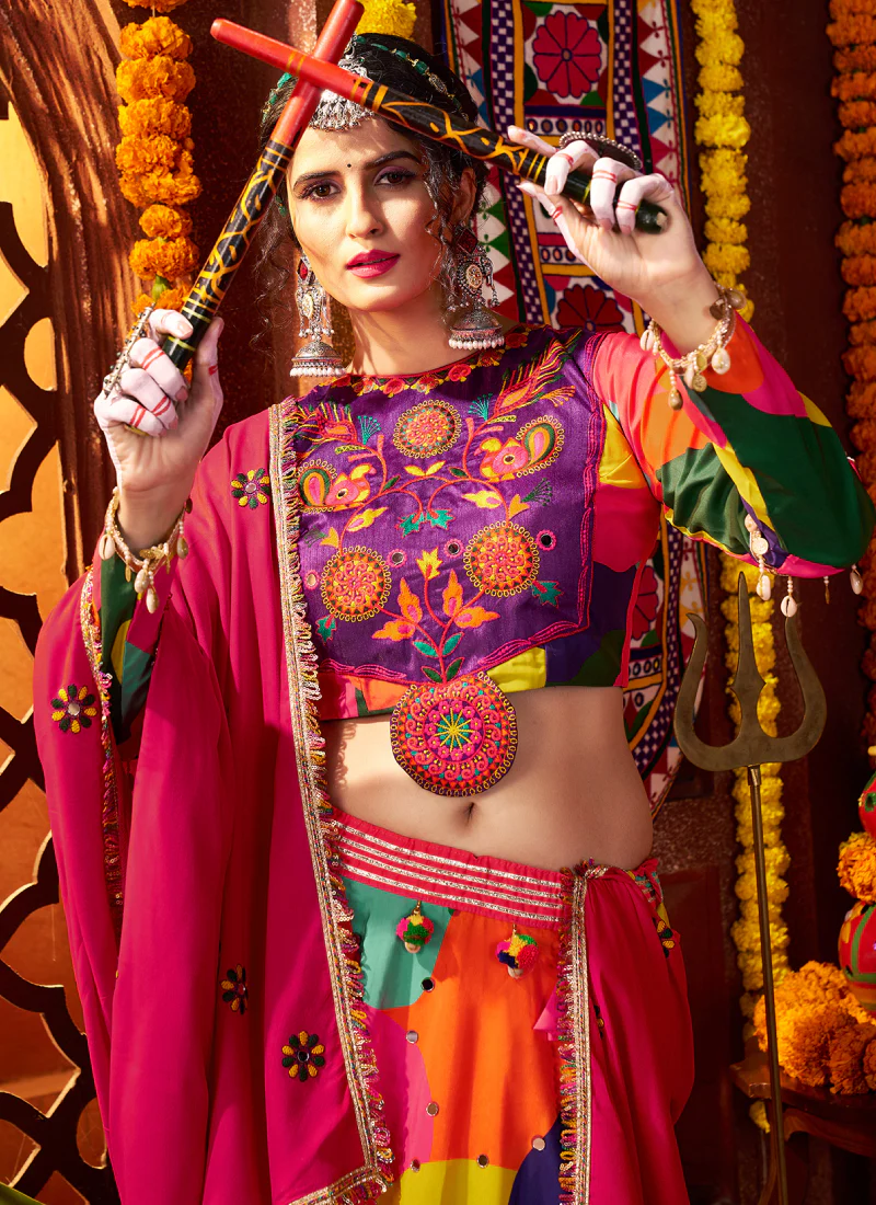 Maslin Cotton Real Mirror Multi Color Ghagra Choli For Navratri Festival - Image 3