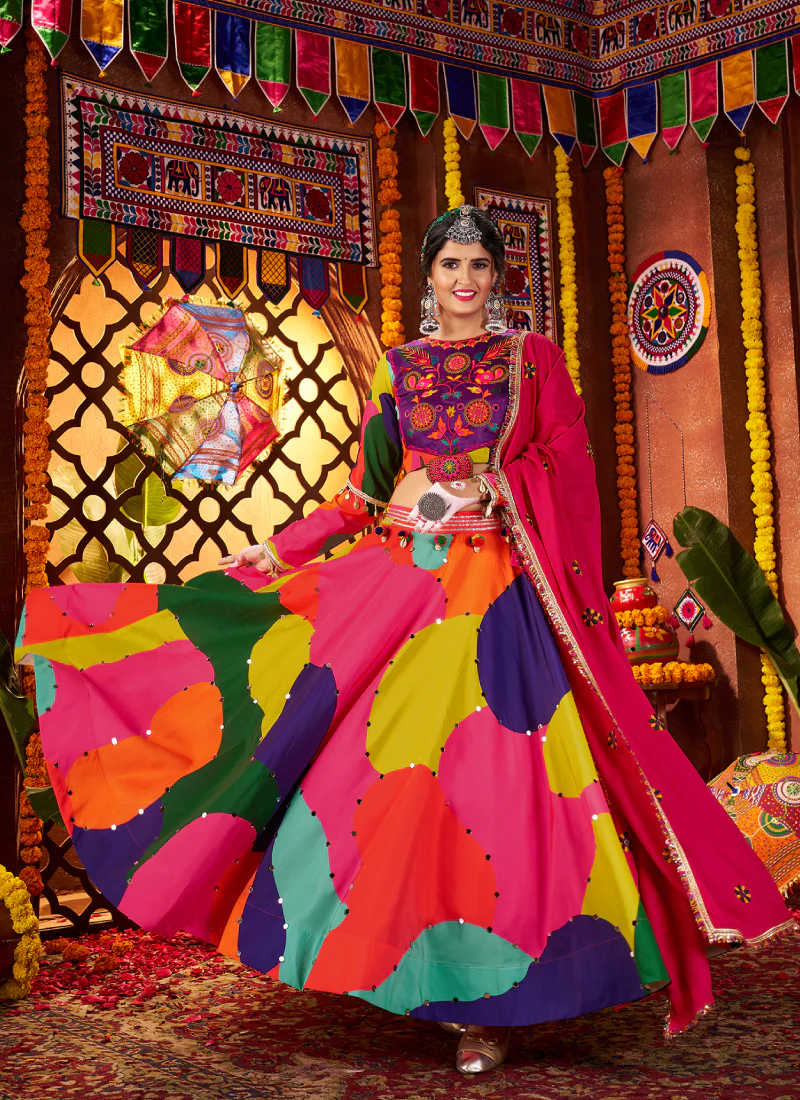 Maslin Cotton Real Mirror Multi Color Ghagra Choli For Navratri Festival - Image 4