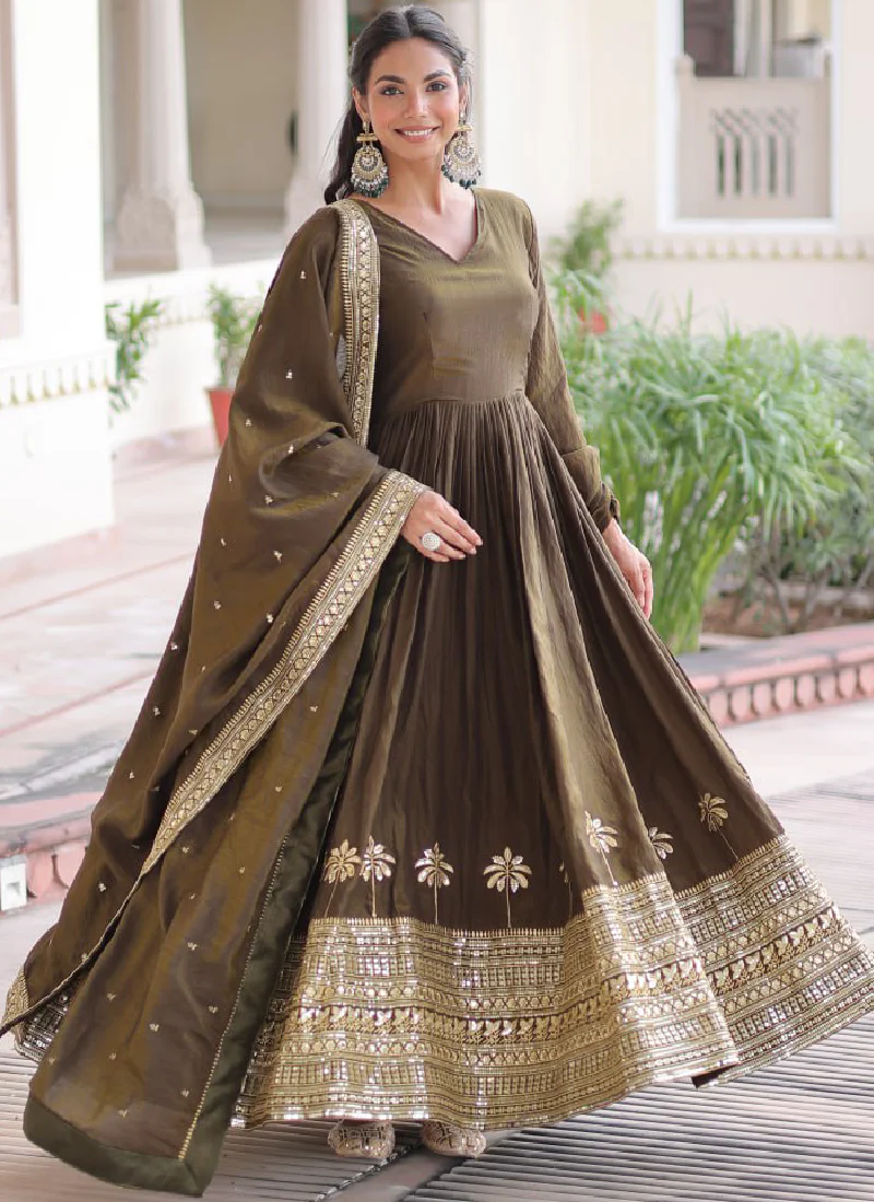 Mehendi Function Special Embroidered Green Vichitra Silk Anarkali Set