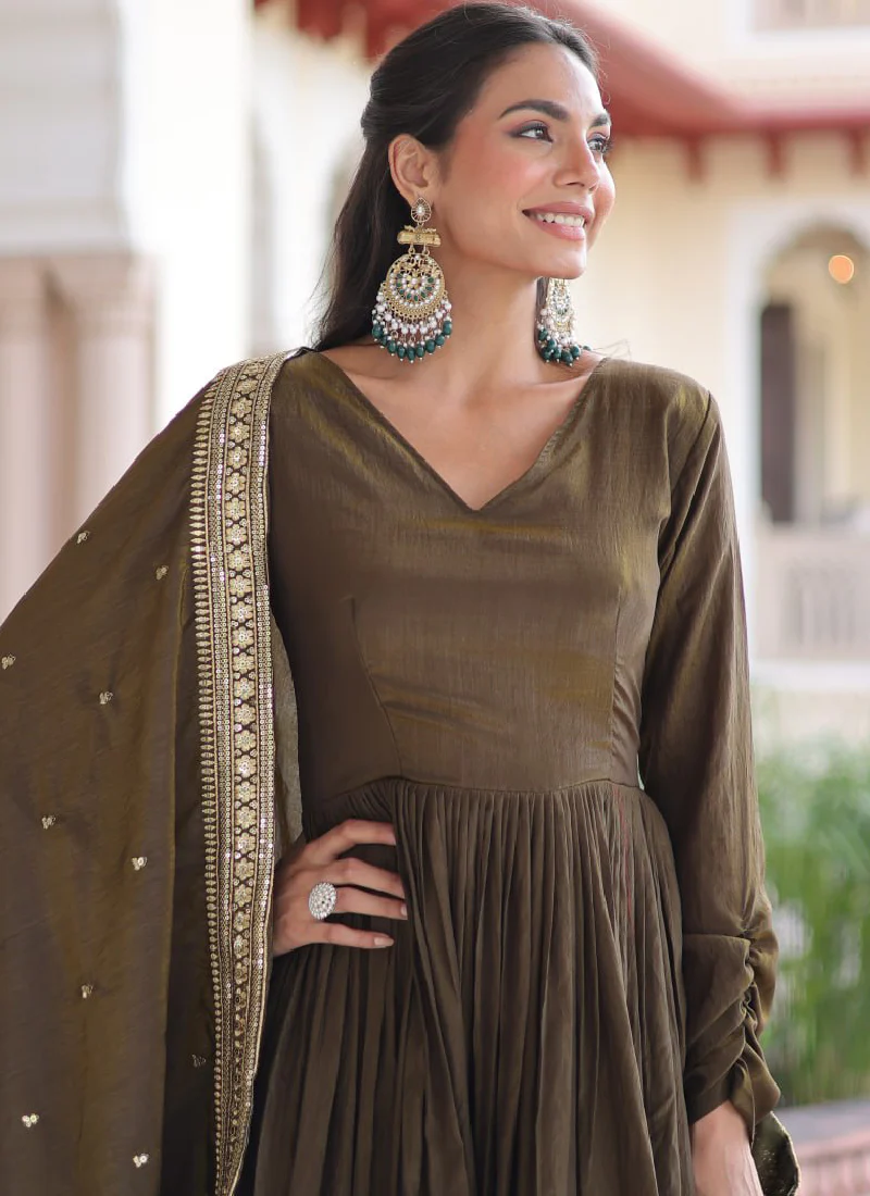 Mehendi Function Special Embroidered Green Vichitra Silk Anarkali Set - Image 2