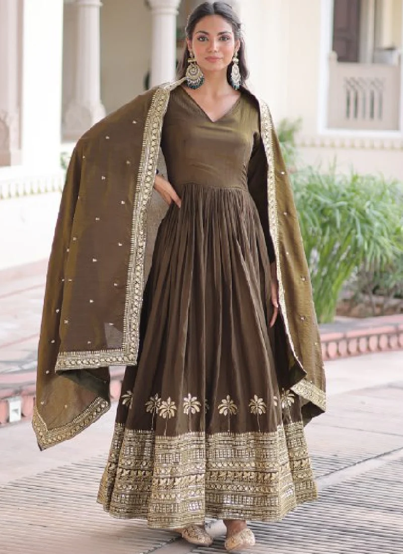 Mehendi Function Special Embroidered Green Vichitra Silk Anarkali Set - Image 4