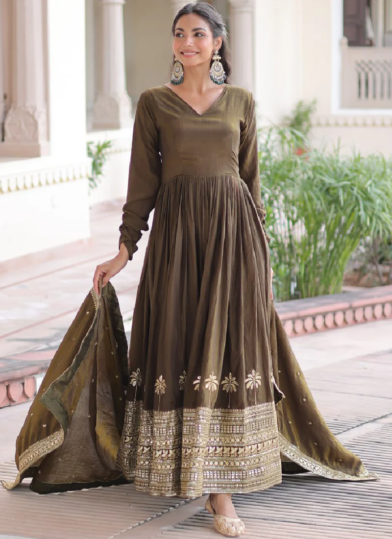 Mehendi Function Special Embroidered Green Vichitra Silk Anarkali Set - Image 7
