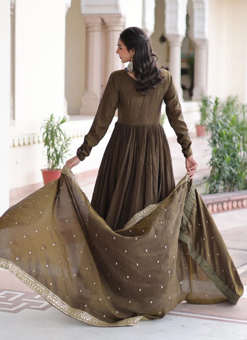 Mehendi Function Special Embroidered Green Vichitra Silk Anarkali Set - Image 8