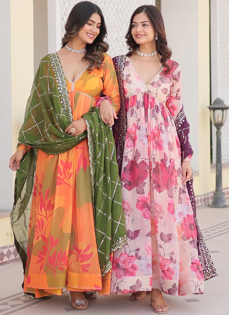 Memorable Digital Printed Silk Off White Anarkali Gown With Dupatta - Image 14