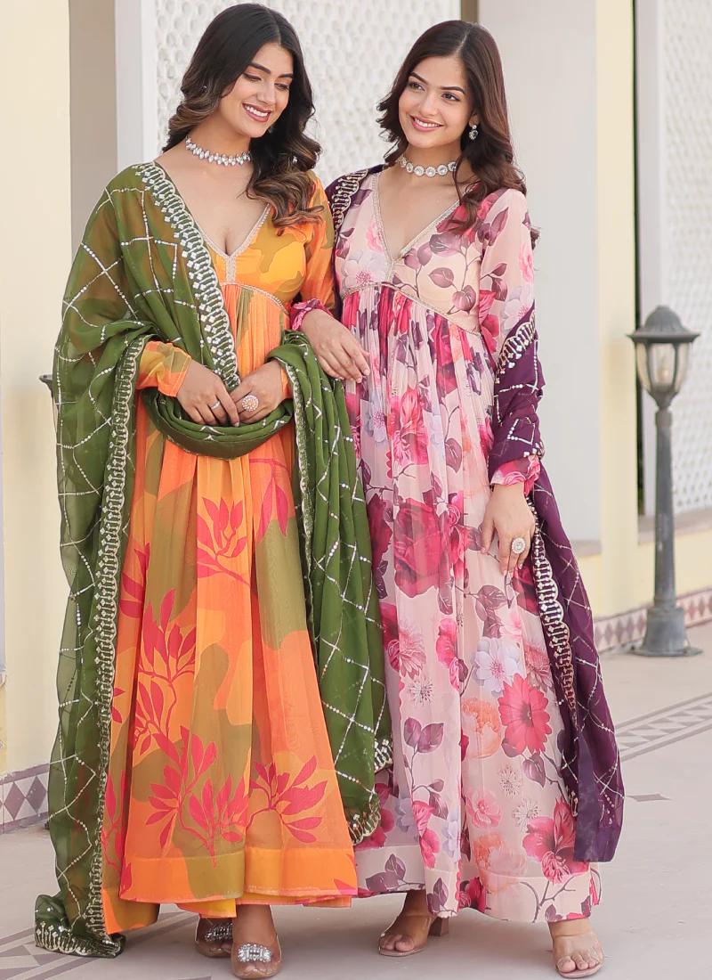 Memorable Digital Printed Silk Off White Anarkali Gown With Dupatta - Image 15