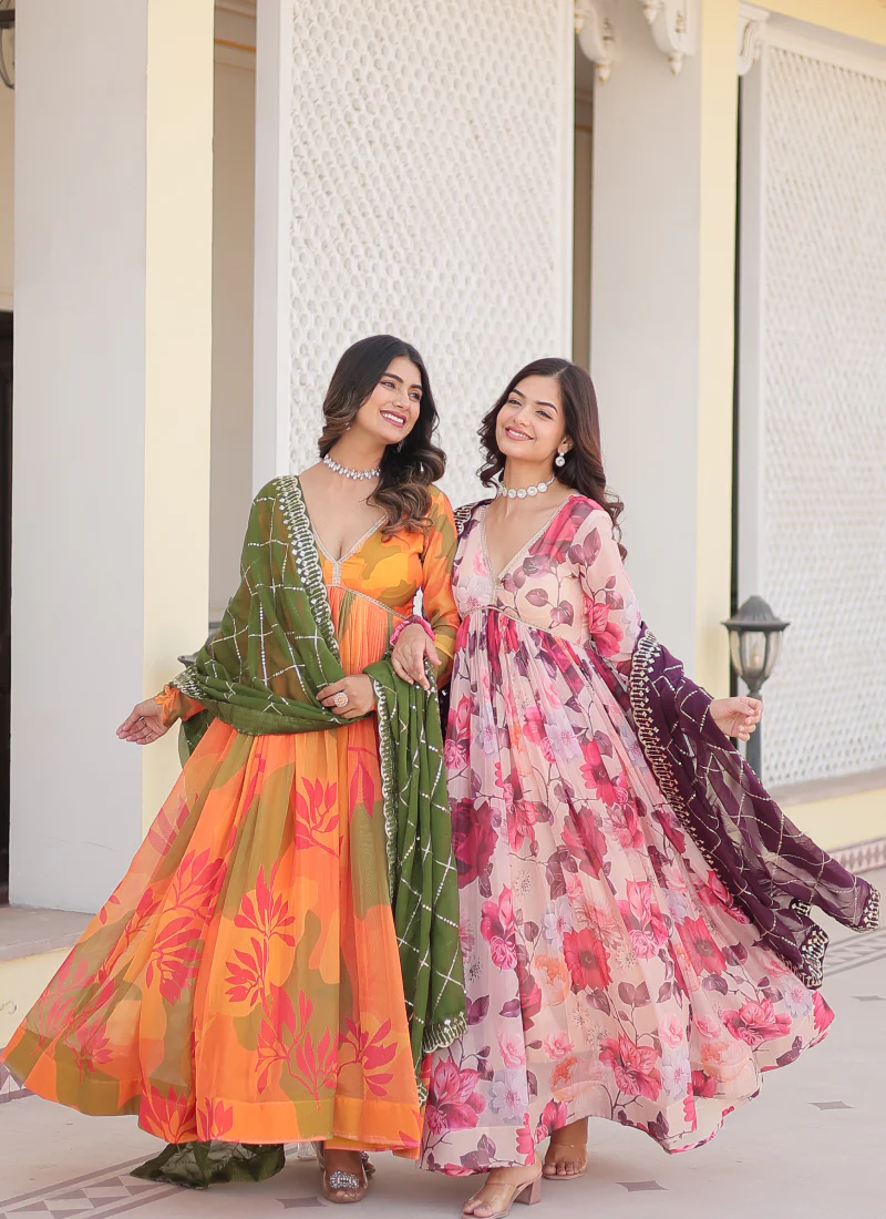 Memorable Digital Printed Silk Off White Anarkali Gown With Dupatta - Image 17