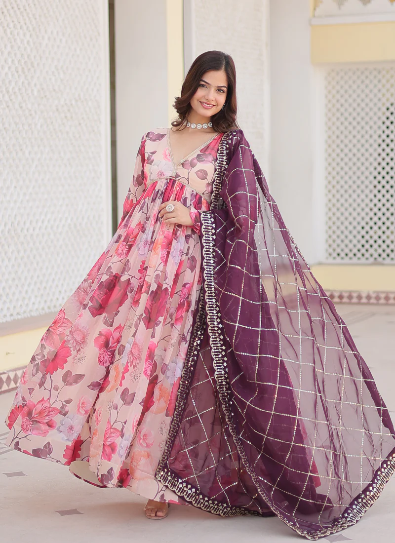 Memorable Digital Printed Silk Off White Anarkali Gown With Dupatta - Image 3