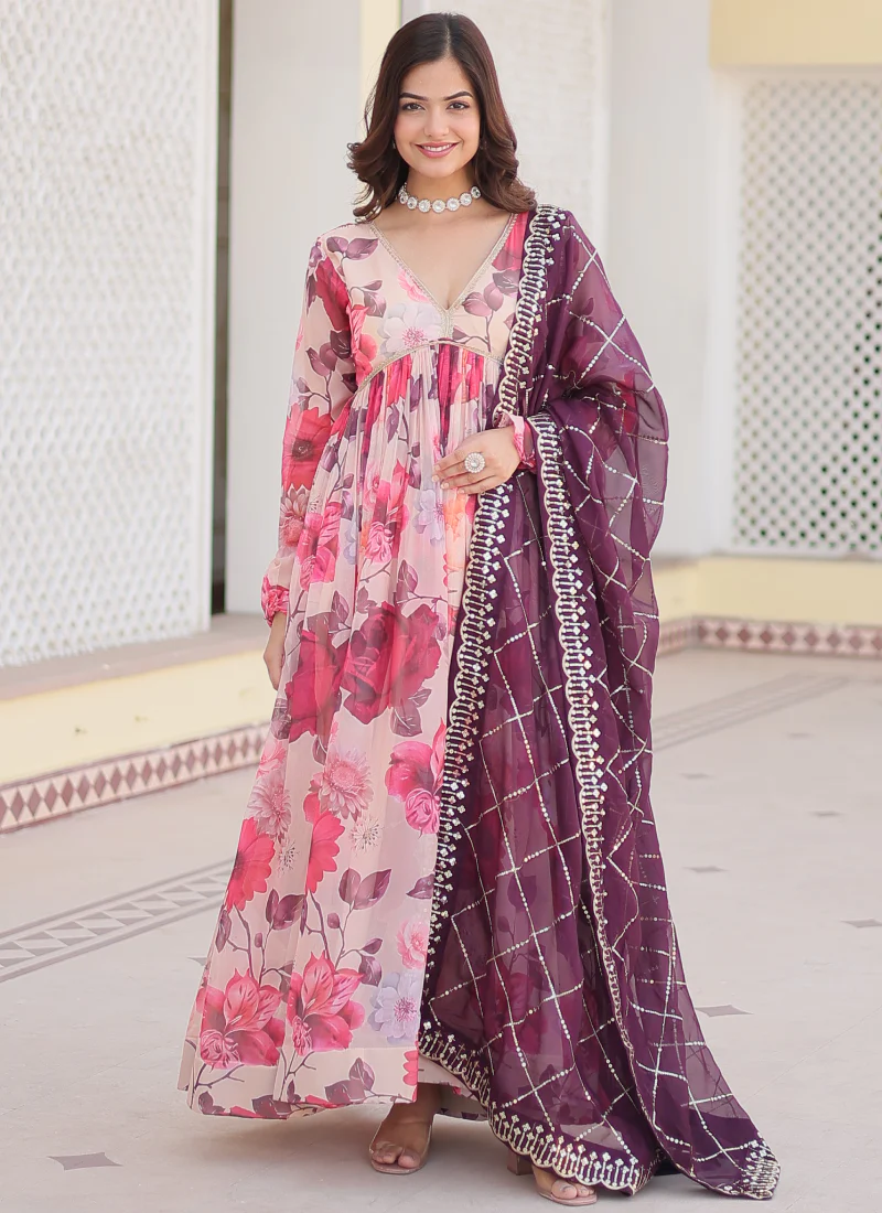 Memorable Digital Printed Silk Off White Anarkali Gown With Dupatta - Image 4