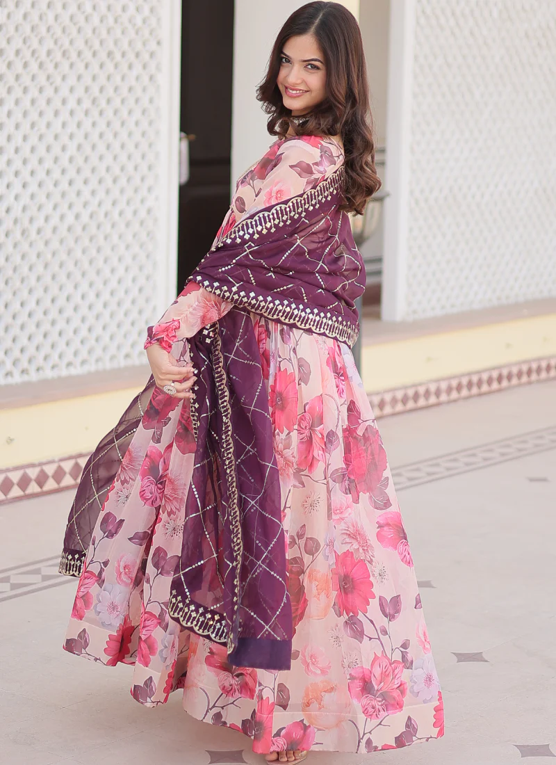 Memorable Digital Printed Silk Off White Anarkali Gown With Dupatta - Image 6