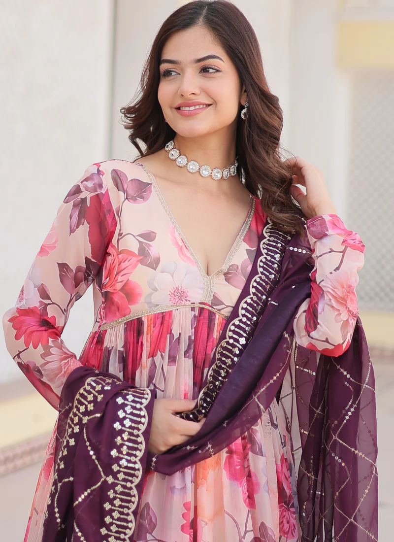 Memorable Digital Printed Silk Off White Anarkali Gown With Dupatta - Image 7