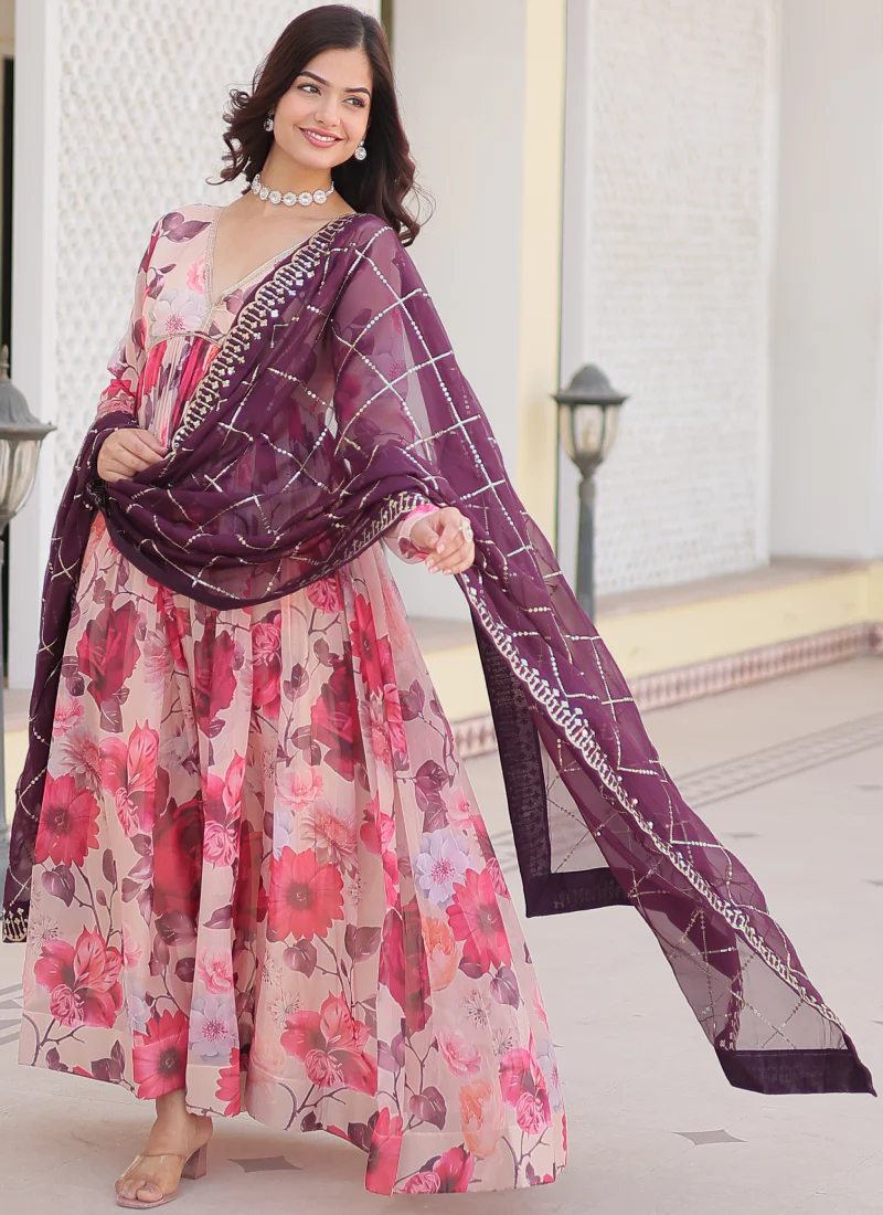 Memorable Digital Printed Silk Off White Anarkali Gown With Dupatta - Image 8