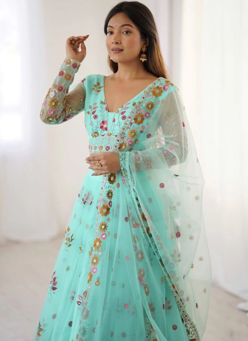 Memorable Floral Thread Embroidered Net Turquoise Blue Lehenga Choli - Image 2