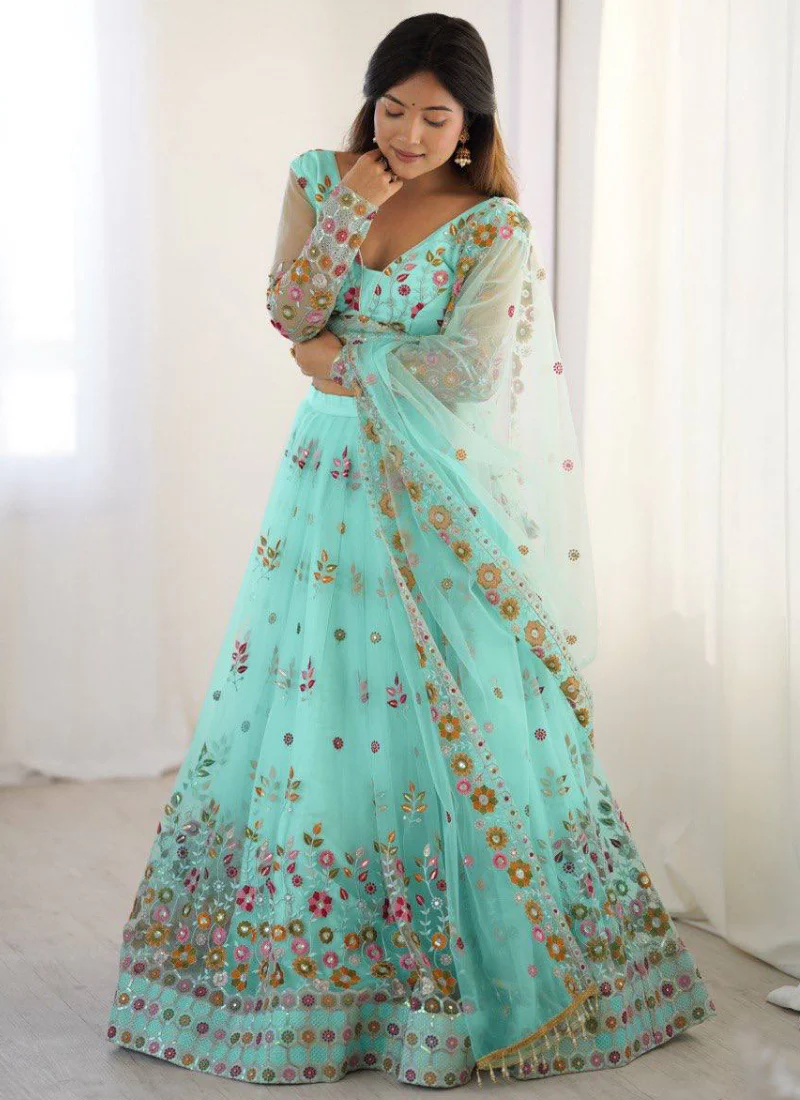 Memorable Floral Thread Embroidered Net Turquoise Blue Lehenga Choli - Image 3