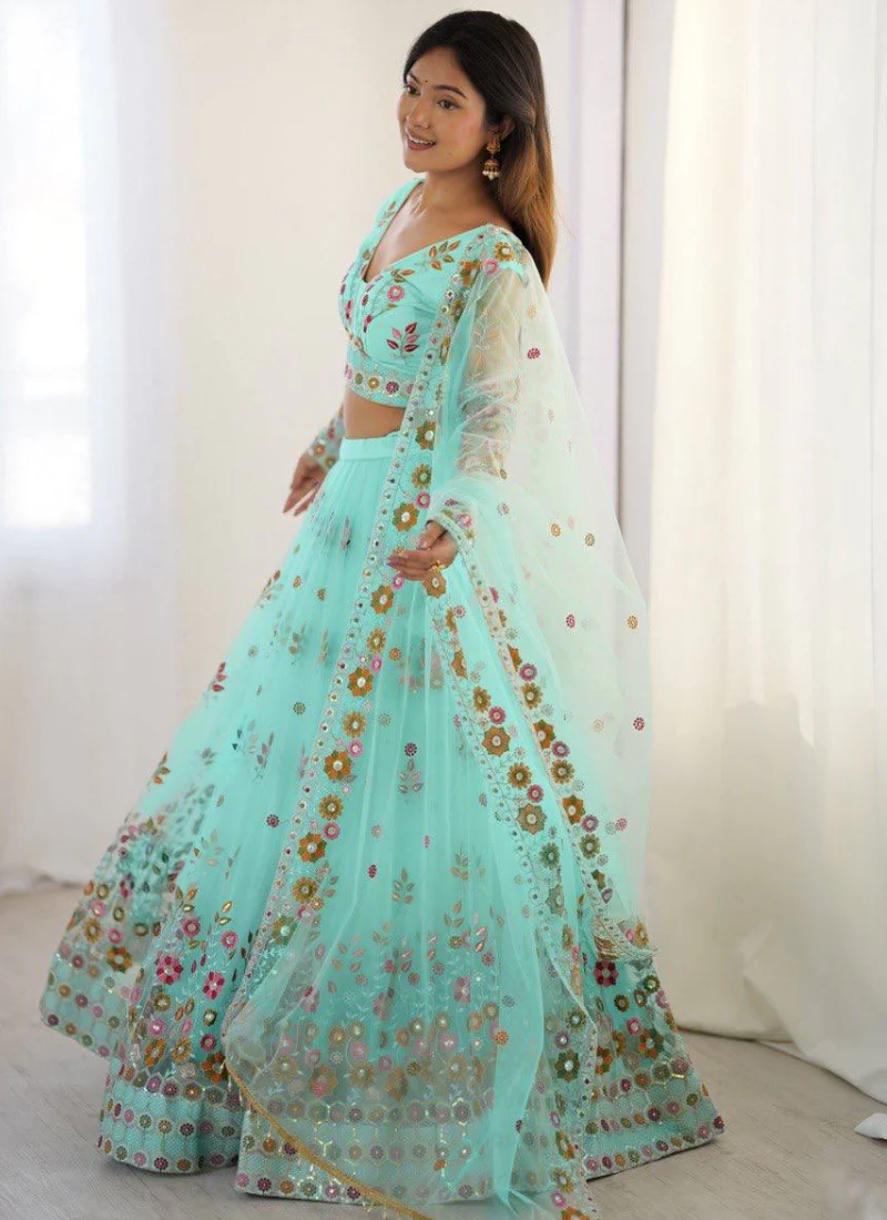 Memorable Floral Thread Embroidered Net Turquoise Blue Lehenga Choli - Image 4