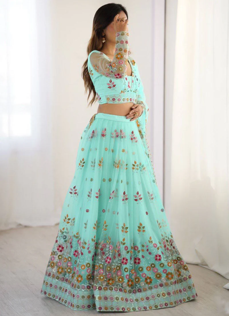 Memorable Floral Thread Embroidered Net Turquoise Blue Lehenga Choli - Image 5
