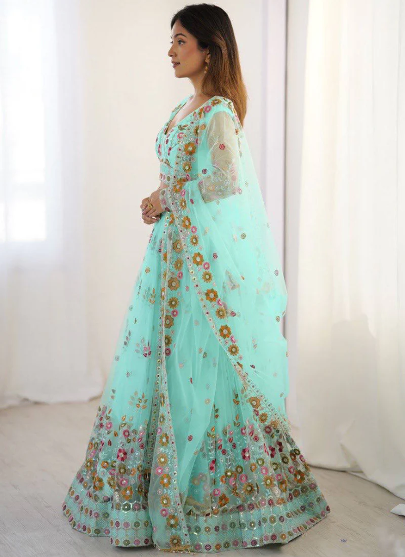 Memorable Floral Thread Embroidered Net Turquoise Blue Lehenga Choli - Image 6