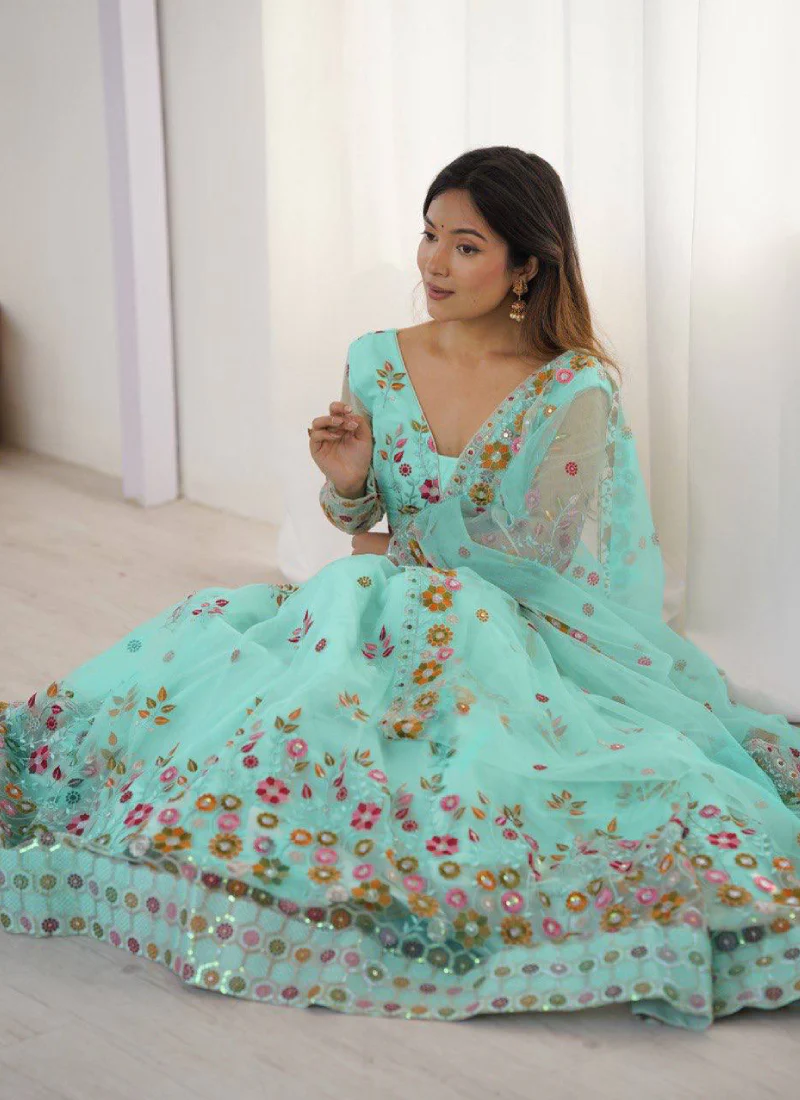 Memorable Floral Thread Embroidered Net Turquoise Blue Lehenga Choli - Image 7