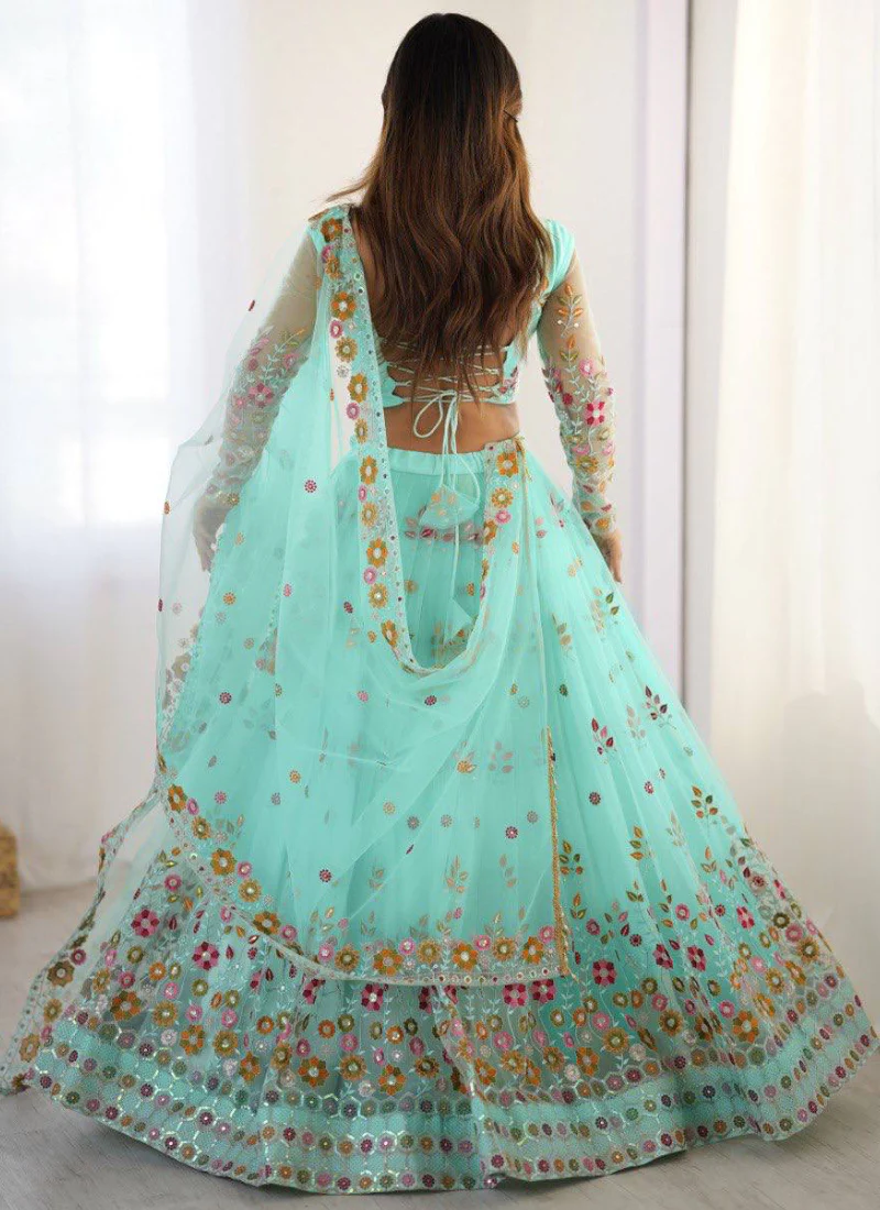 Memorable Floral Thread Embroidered Net Turquoise Blue Lehenga Choli - Image 8