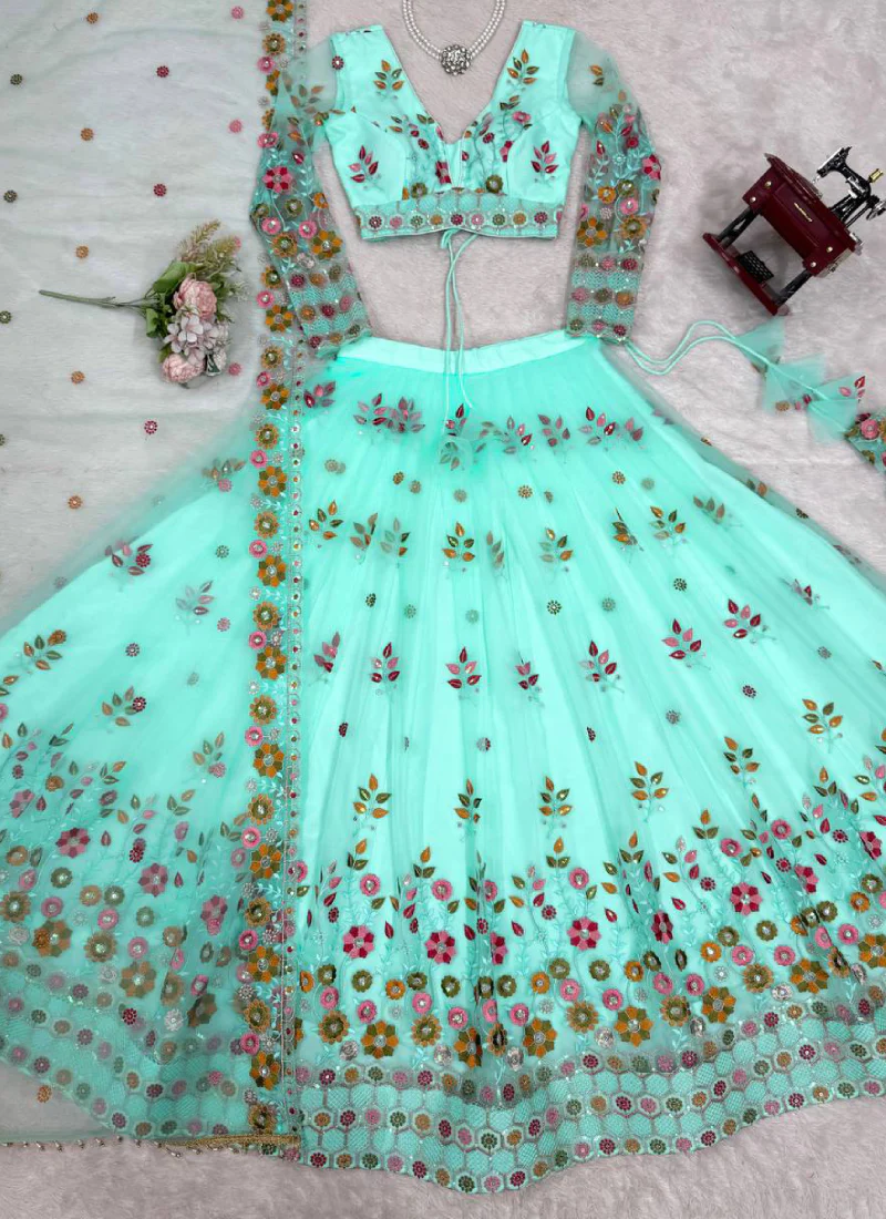 Memorable Floral Thread Embroidered Net Turquoise Blue Lehenga Choli - Image 9
