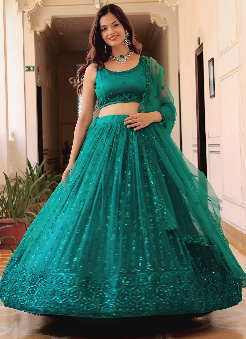 Memorable Soft Net Teal Green Sequence Embroidered Lehenga Choli Set - Image 2