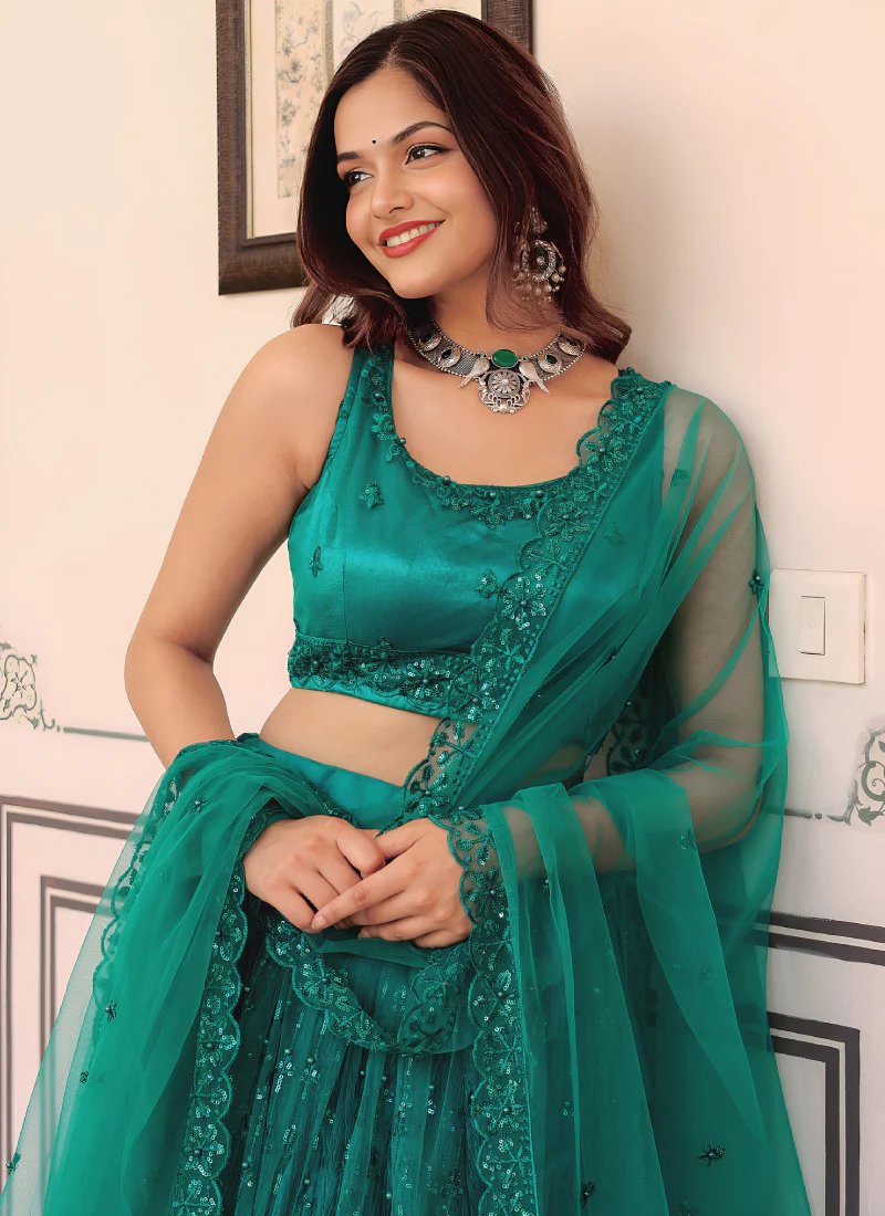 Memorable Soft Net Teal Green Sequence Embroidered Lehenga Choli Set - Image 6