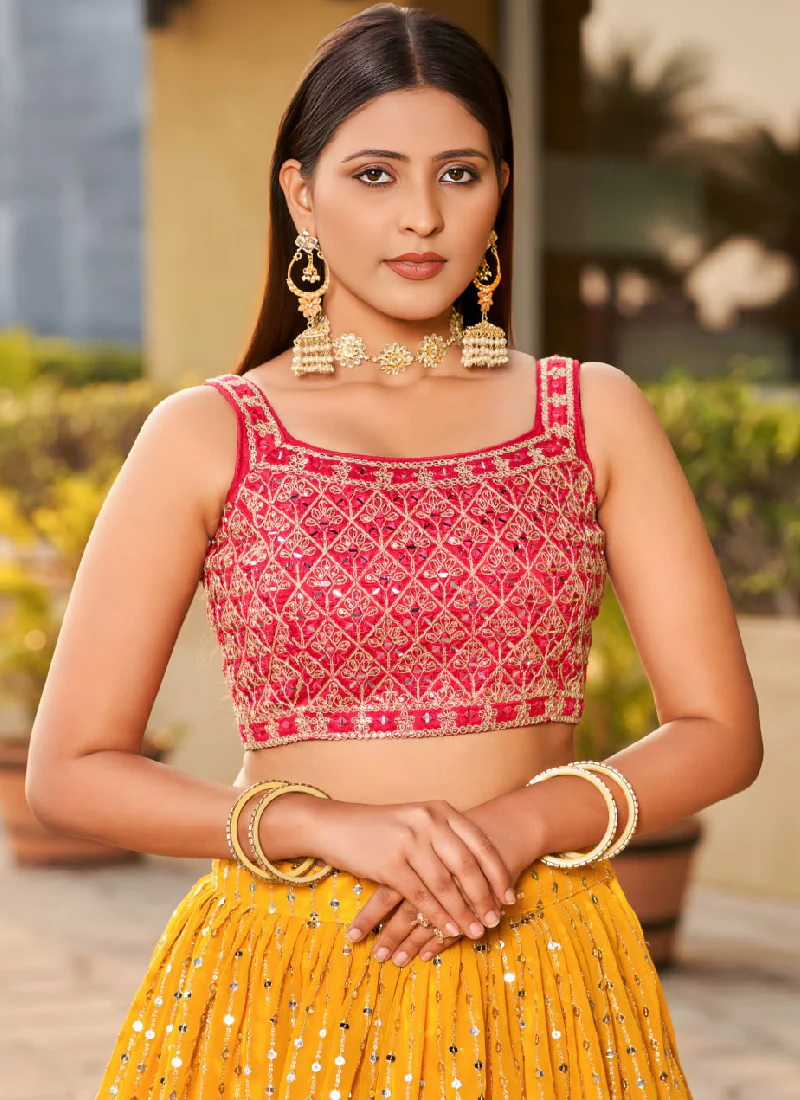 Mesmerizing Embroidered Georgette Yellow Lehenga With Pink Choli Set - Image 2