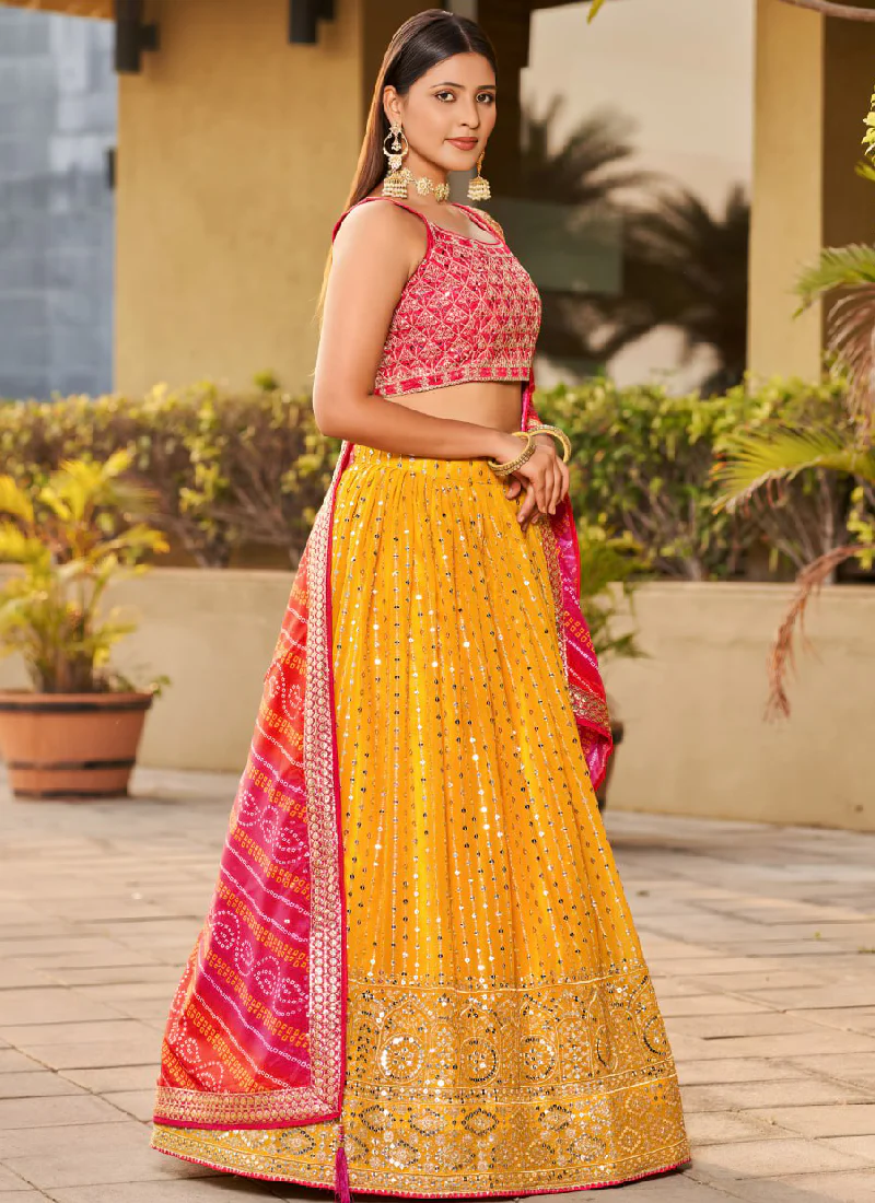 Mesmerizing Embroidered Georgette Yellow Lehenga With Pink Choli Set - Image 4