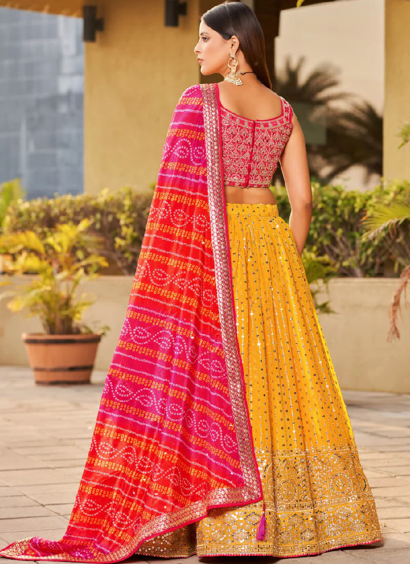 Mesmerizing Embroidered Georgette Yellow Lehenga With Pink Choli Set - Image 5
