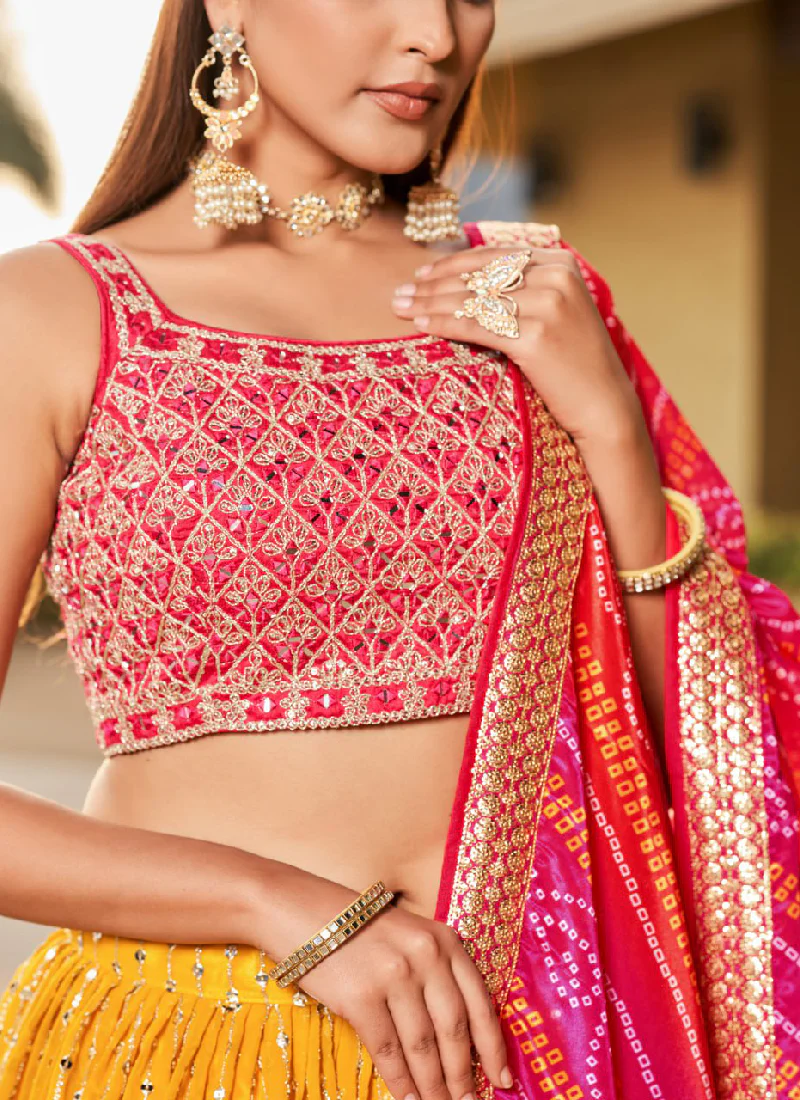 Mesmerizing Embroidered Georgette Yellow Lehenga With Pink Choli Set - Image 6