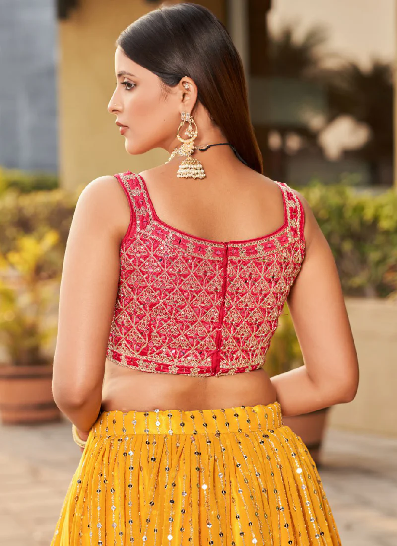 Mesmerizing Embroidered Georgette Yellow Lehenga With Pink Choli Set - Image 7