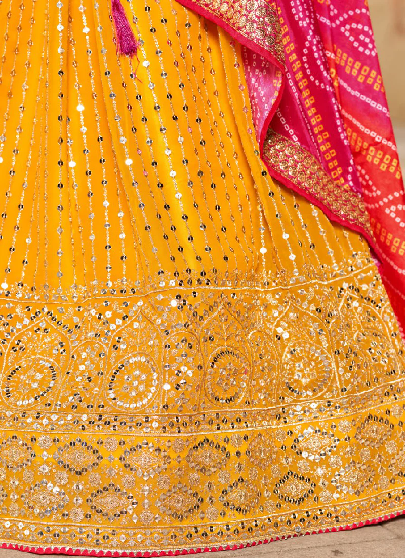 Mesmerizing Embroidered Georgette Yellow Lehenga With Pink Choli Set - Image 8