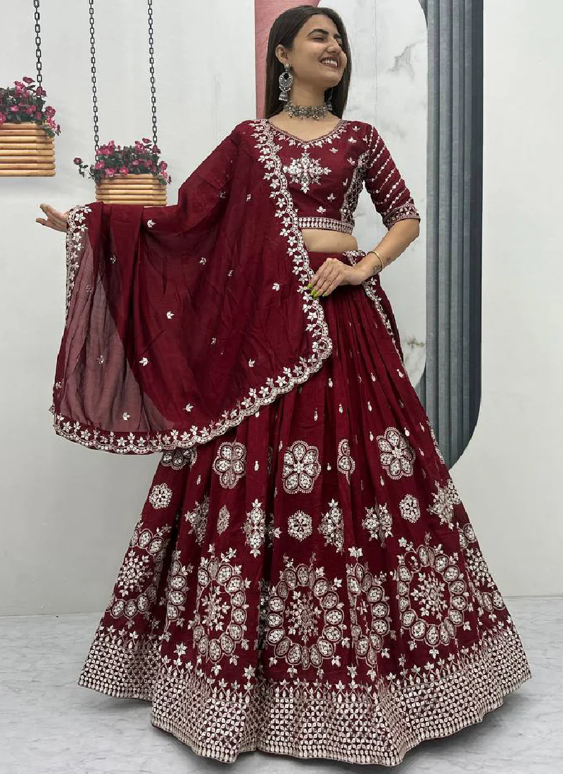 Mesmerizing Maroon Silk Sequence Work Festival Wear Lehenga Choli - Image 4