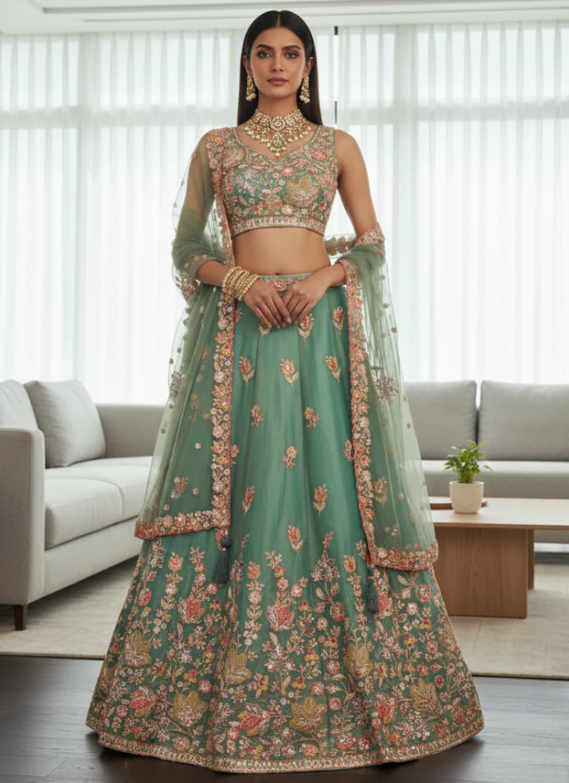 Mesmerizing Pista Green Organza Thread Embroidered Work Lehenga Choli