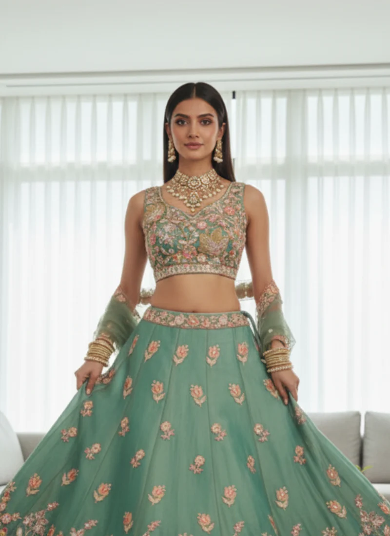 Mesmerizing Pista Green Organza Thread Embroidered Work Lehenga Choli - Image 2
