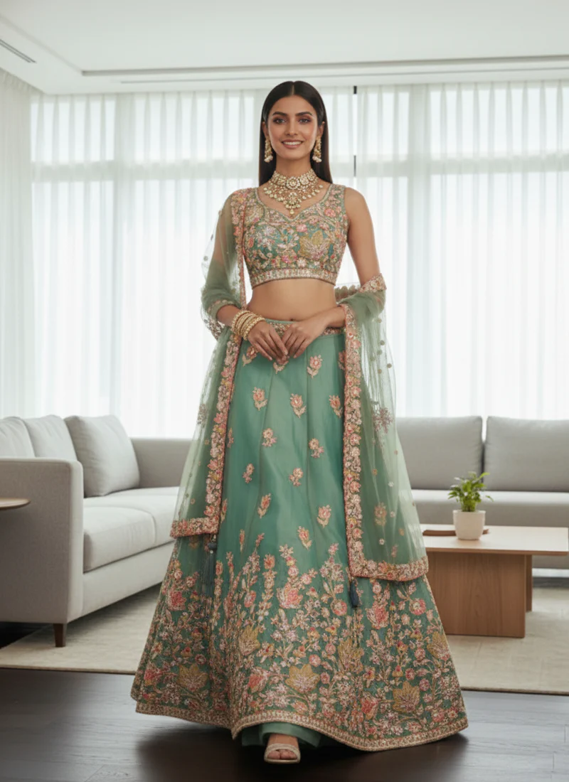 Mesmerizing Pista Green Organza Thread Embroidered Work Lehenga Choli - Image 3